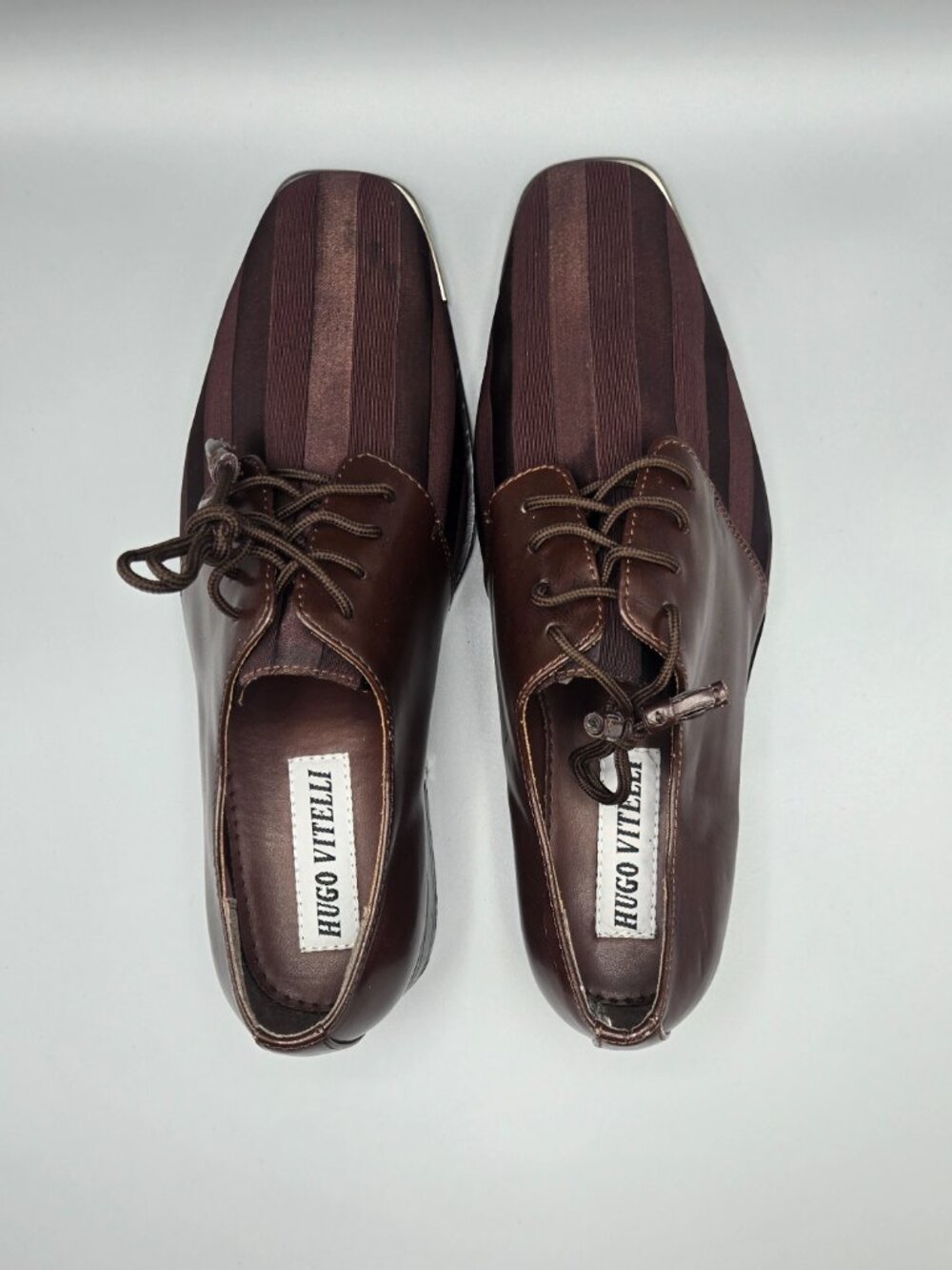 Hugo Vitelli Men's Brown Striped Dress Shoes Size 11 Square Toe Metal Tip Oxford - Picture 5 of 15